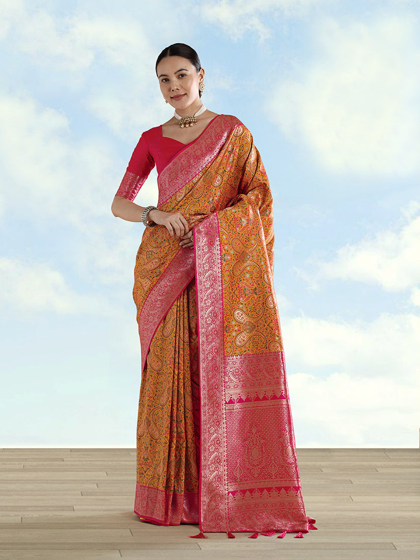 Monjolika Fashion Mustard Banarasi Silk Saree With Traditional Paisley Weaves - Distacart
