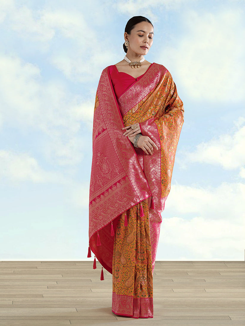 Monjolika Fashion Mustard Banarasi Silk Saree With Traditional Paisley Weaves - Distacart