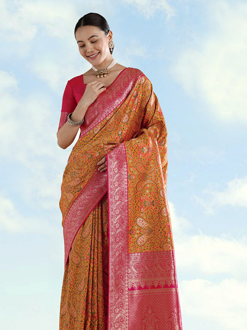 Monjolika Fashion Mustard Banarasi Silk Saree With Traditional Paisley Weaves - Distacart