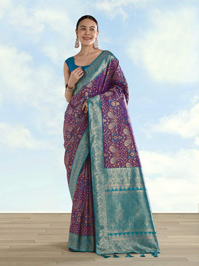 Monjolika Fashion Purple Banarasi Silk Saree With Traditional Paisley Weaves - Distacart