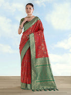 Monjolika Fashion Red Banarasi Silk Saree With Traditional Paisley Weaves - Distacart