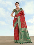 Monjolika Fashion Red Banarasi Silk Saree With Traditional Paisley Weaves - Distacart