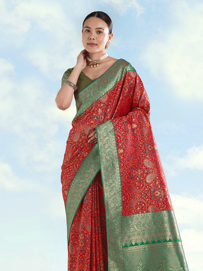 Monjolika Fashion Red Banarasi Silk Saree With Traditional Paisley Weaves - Distacart