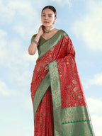 Monjolika Fashion Red Banarasi Silk Saree With Traditional Paisley Weaves - Distacart