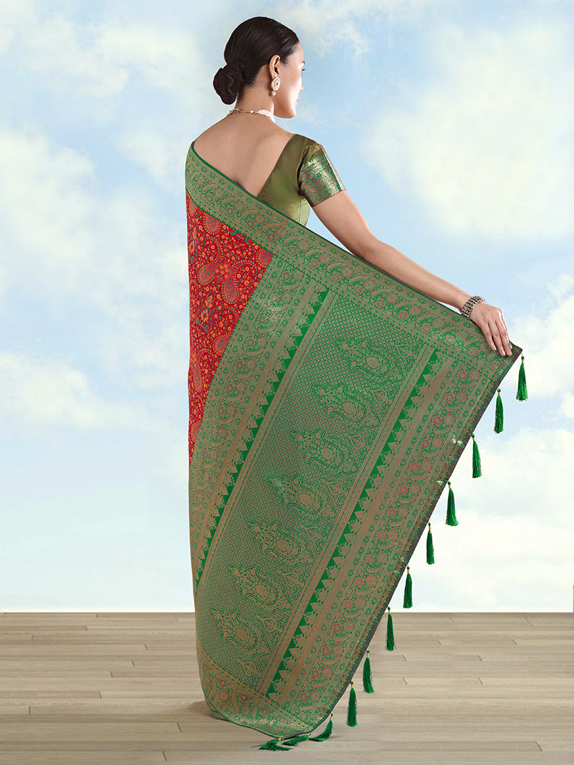 Monjolika Fashion Red Banarasi Silk Saree With Traditional Paisley Weaves - Distacart