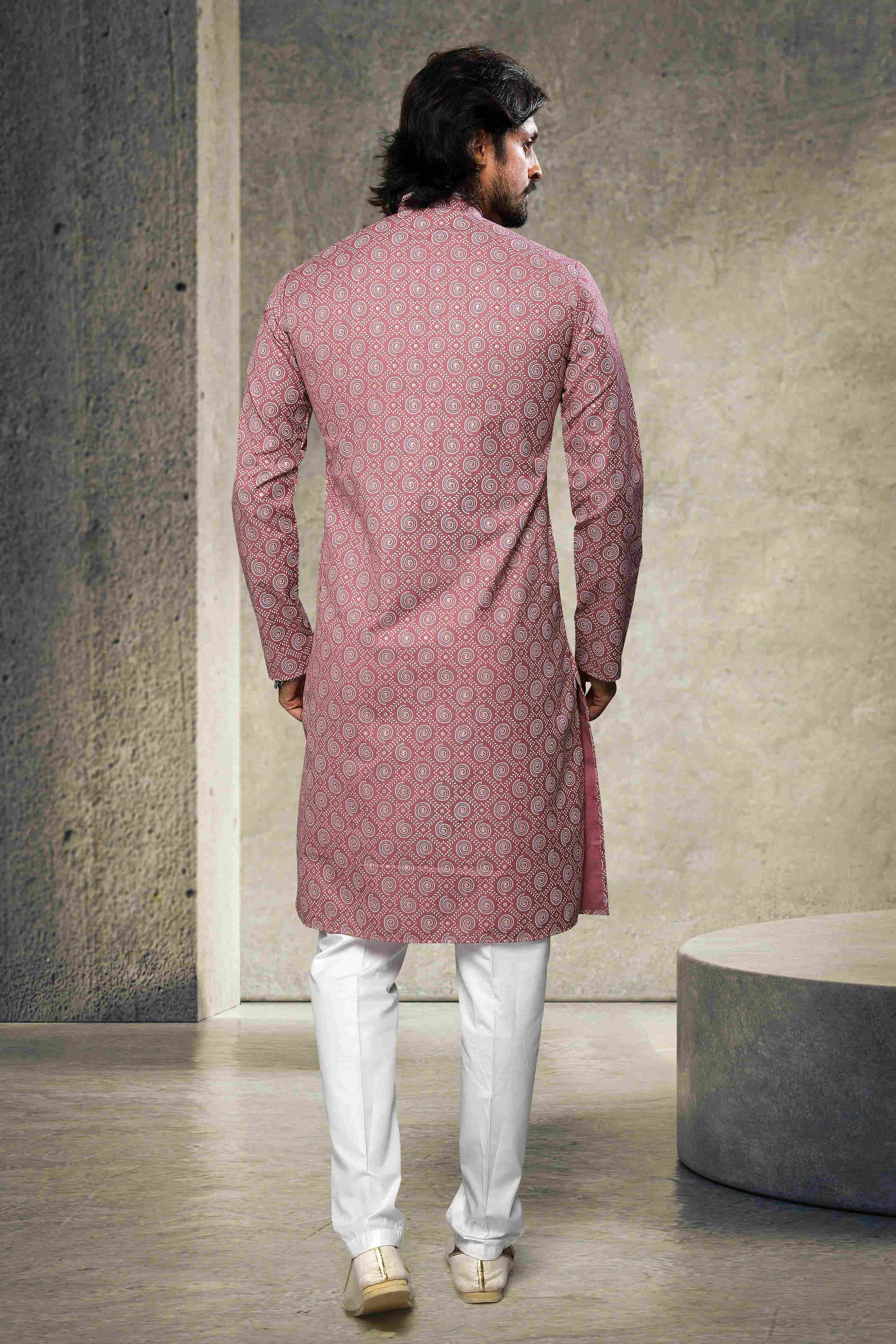 Raivat Ethnic Cotton Printed Work Kurta Pajama In Dusty Pink Colour