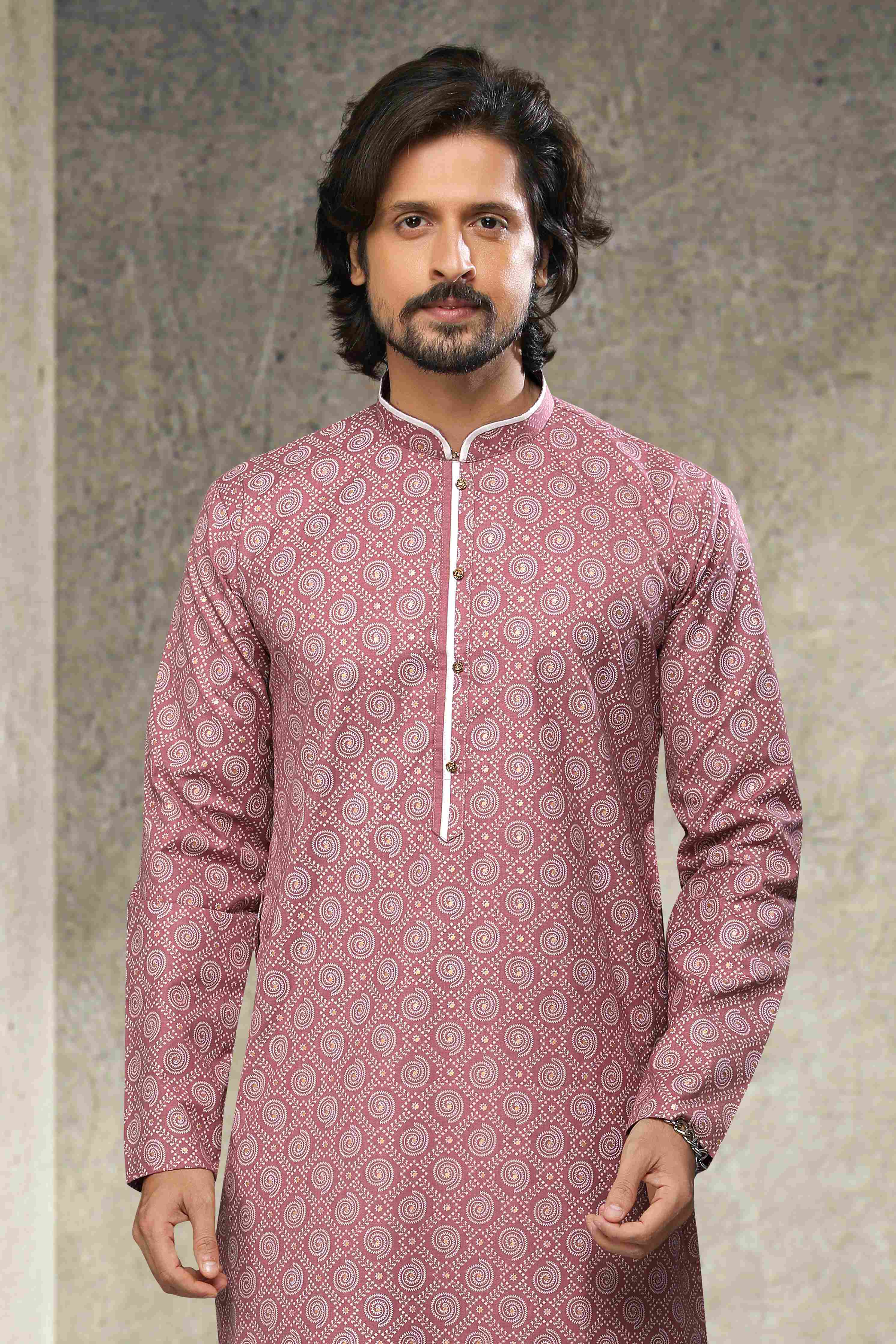 Raivat Ethnic Cotton Printed Work Kurta Pajama In Dusty Pink Colour