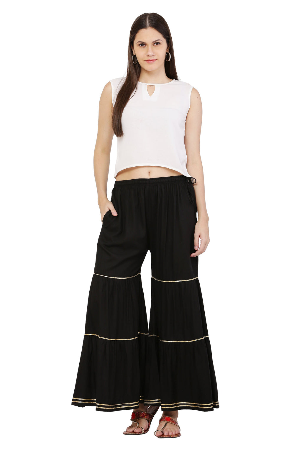 PAVONINE Black Color 3-Panels Golden Gota Flared Sharara For Women - Distacart