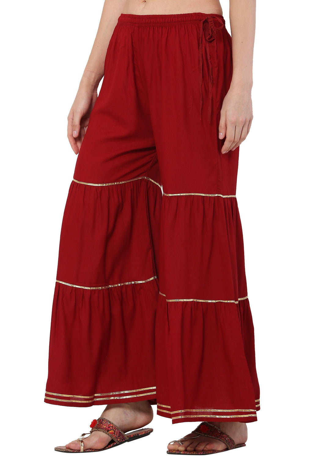 PAVONINE Maroon Color 3-Panels Golden Gota Flared Sharara For Women - Distacart