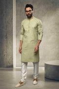 Raivat Ethnic Cotton Printed Work Kurta Pajama In Light Green Colour