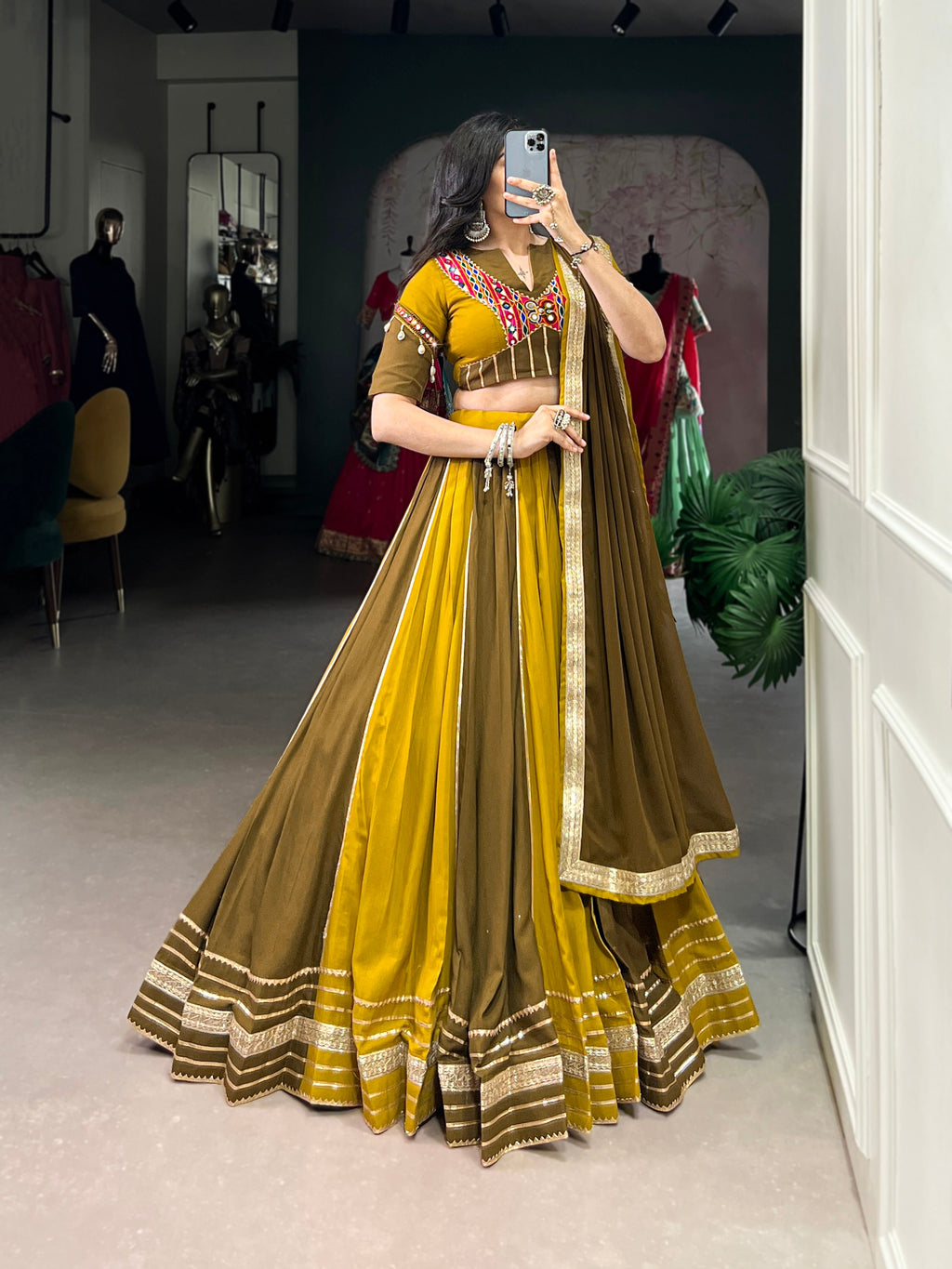 Lorenvalley Mustard Pure Rayon Sequins Lace With Gota Patti Lace Touch Up Lehenga Choli with Dupatta