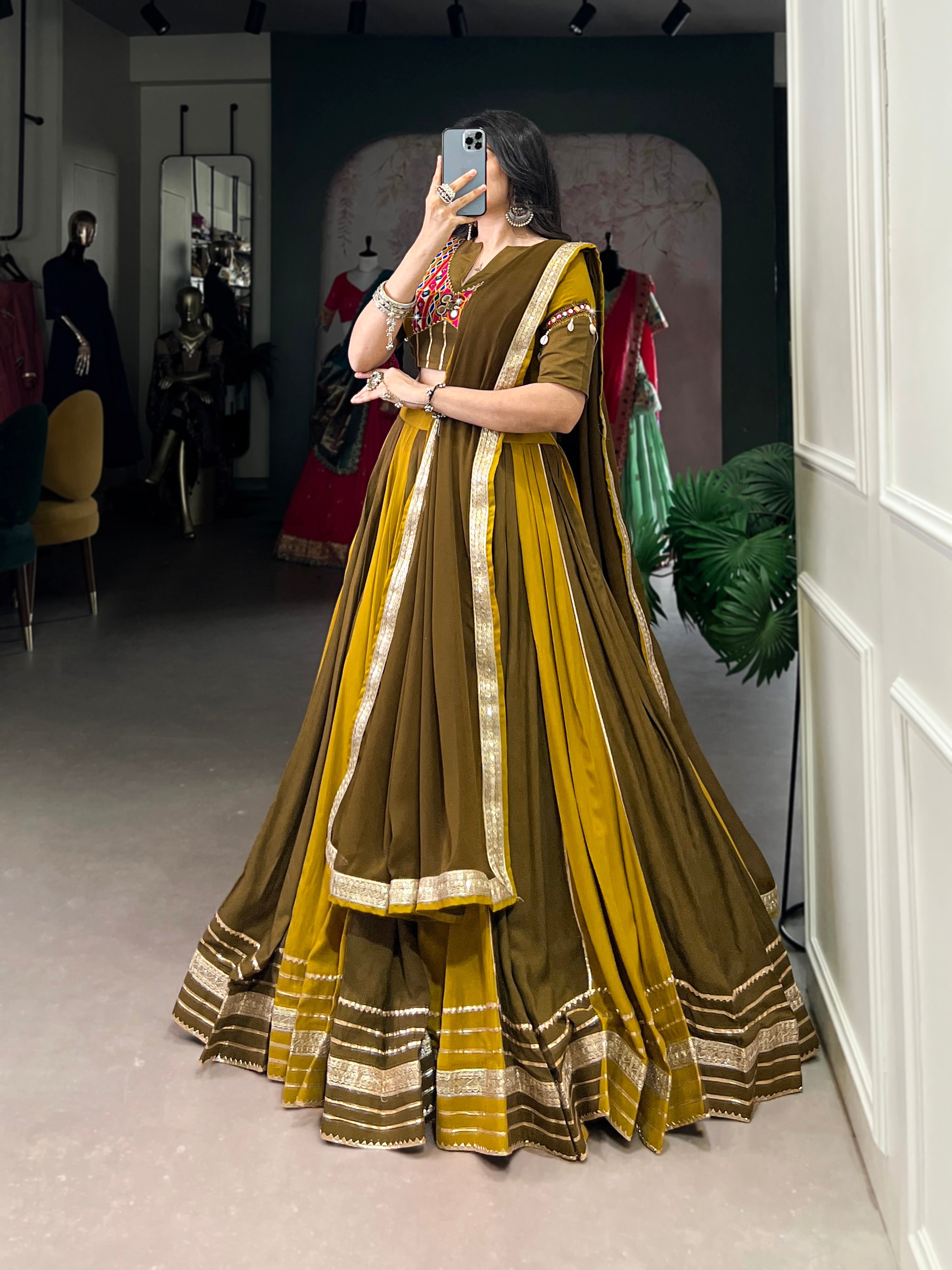 Lorenvalley Mustard Pure Rayon Sequins Lace With Gota Patti Lace Touch Up Lehenga Choli with Dupatta