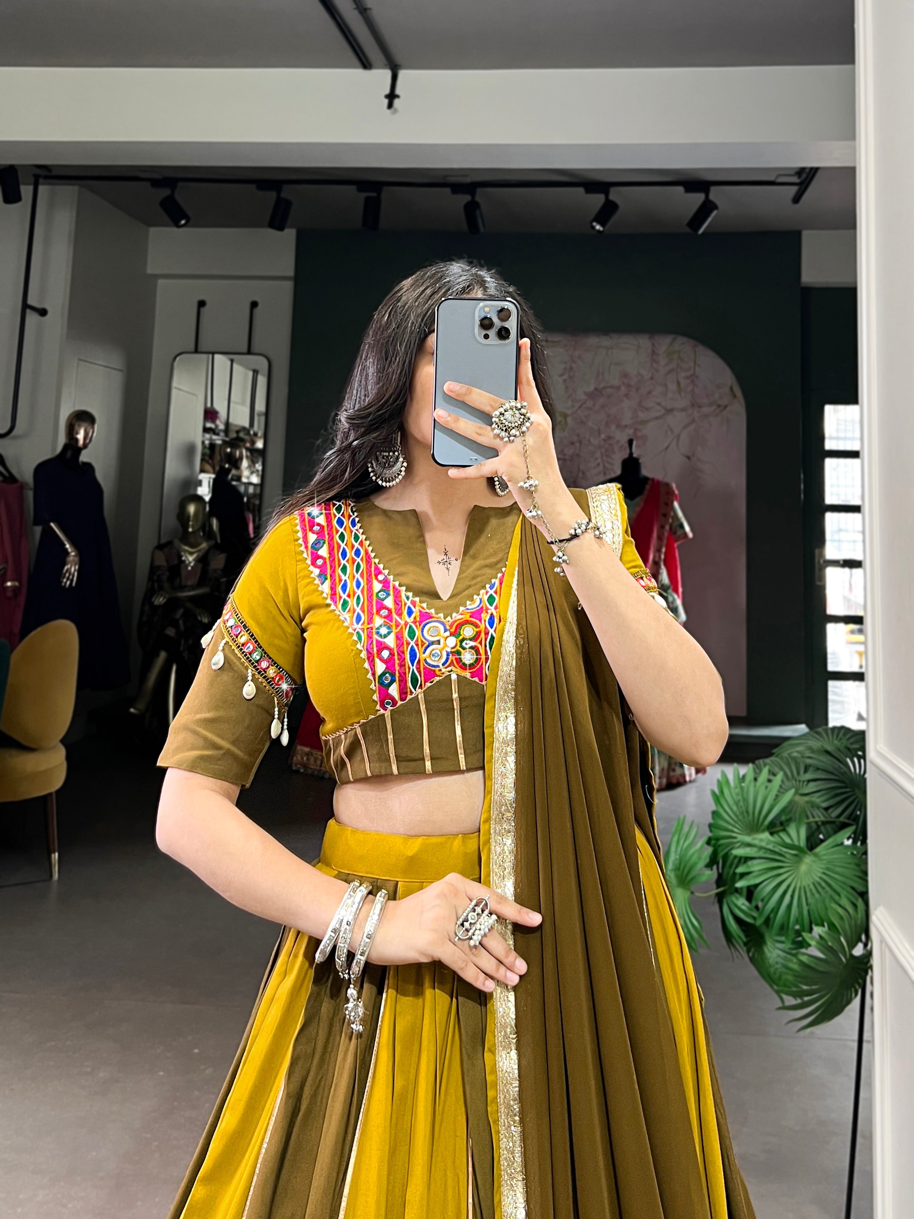 Lorenvalley Mustard Pure Rayon Sequins Lace With Gota Patti Lace Touch Up Lehenga Choli with Dupatta