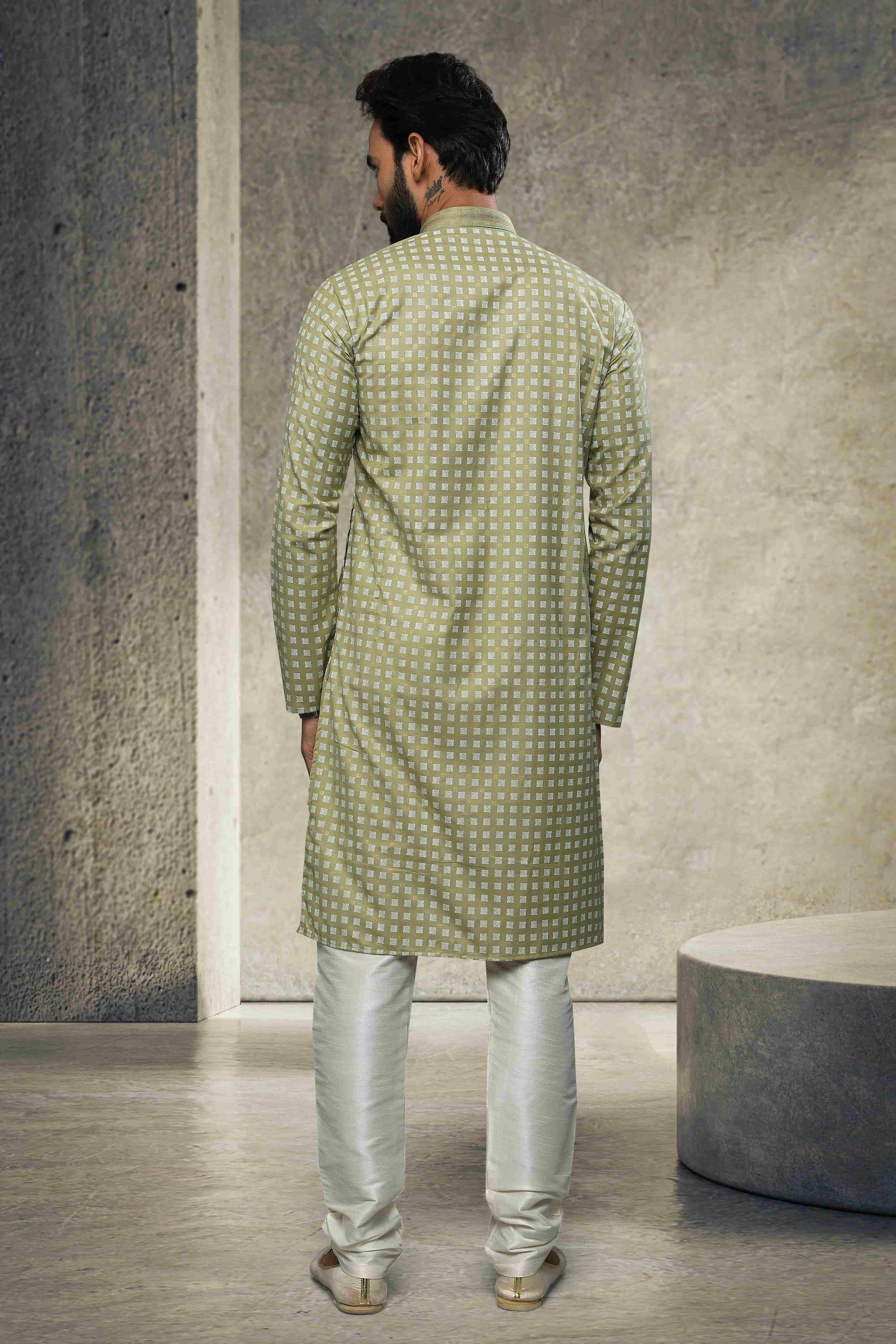 Raivat Ethnic Cotton Printed Work Kurta Pajama In Light Green Colour