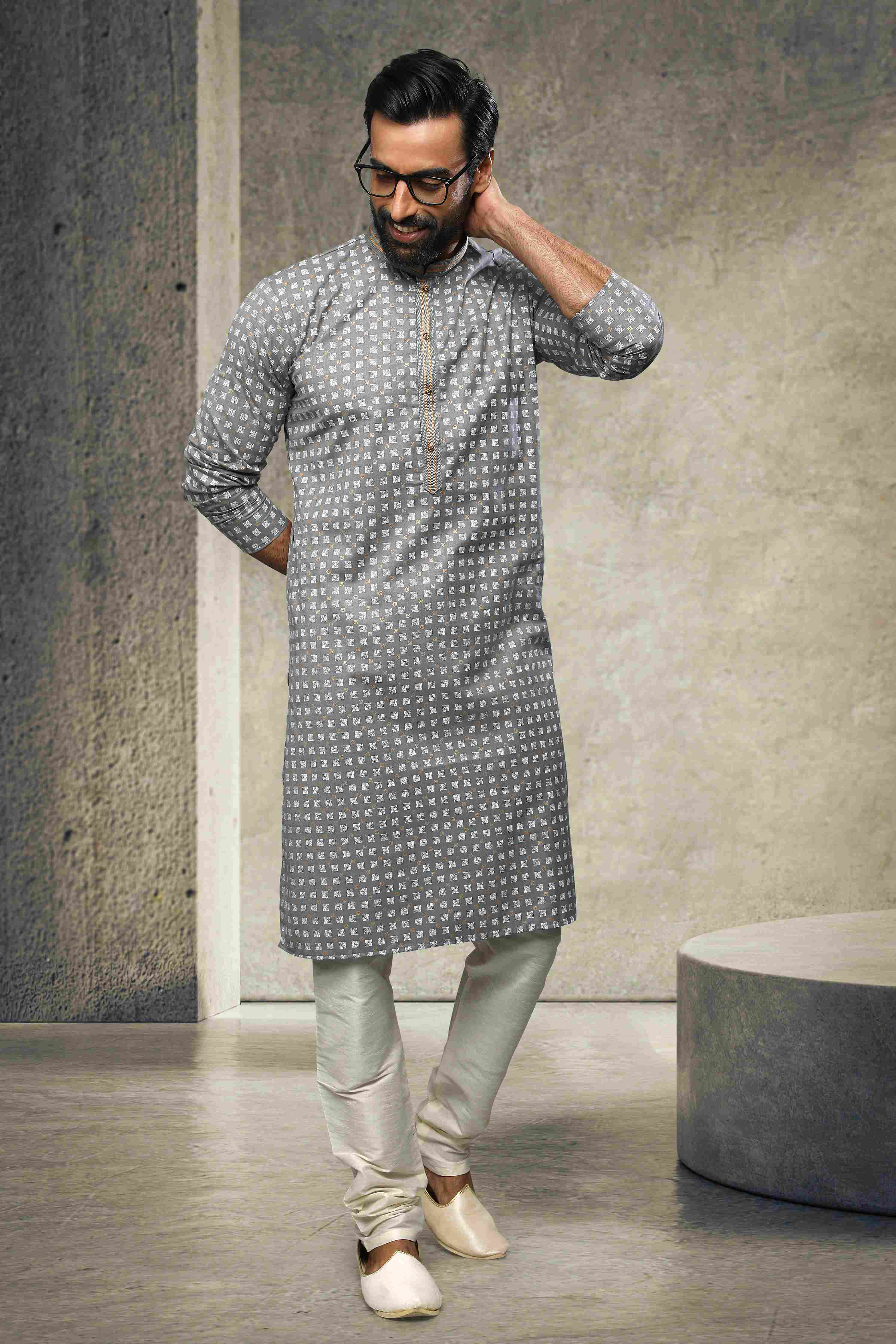 Raivat Ethnic Cotton Printed Work Kurta Pajama In Grey Colour