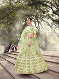 Myra Pista Green Soft Net Heavy Embroidered Lehenga