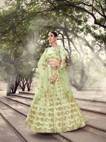 Myra Pista Green Soft Net Heavy Embroidered Lehenga
