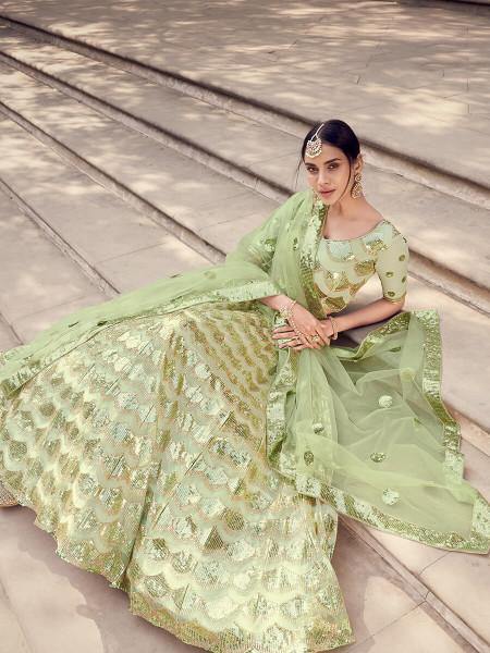 Myra Pista Green Soft Net Heavy Embroidered Lehenga