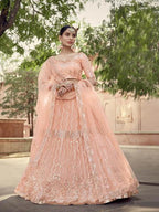 Myra Peach Soft Net Heavy Embroidered Lehenga