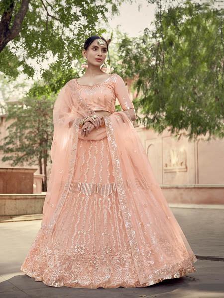 Myra Peach Soft Net Heavy Embroidered Lehenga