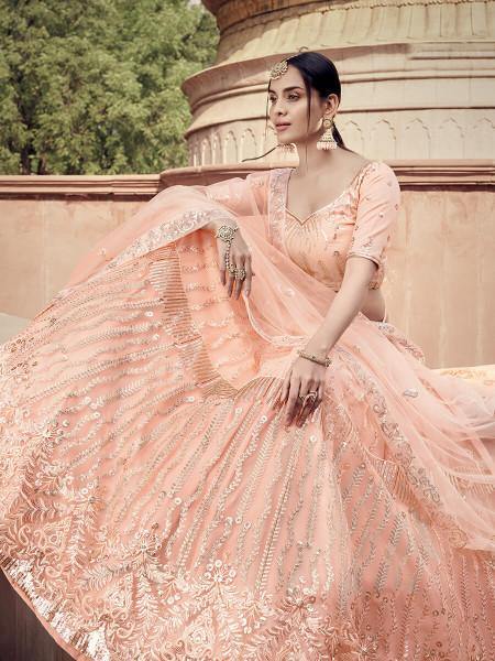 Myra Peach Soft Net Heavy Embroidered Lehenga