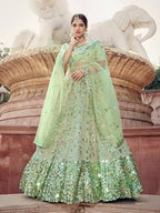 Myra Pista Green Soft Net Heavy Embroidered Lehenga