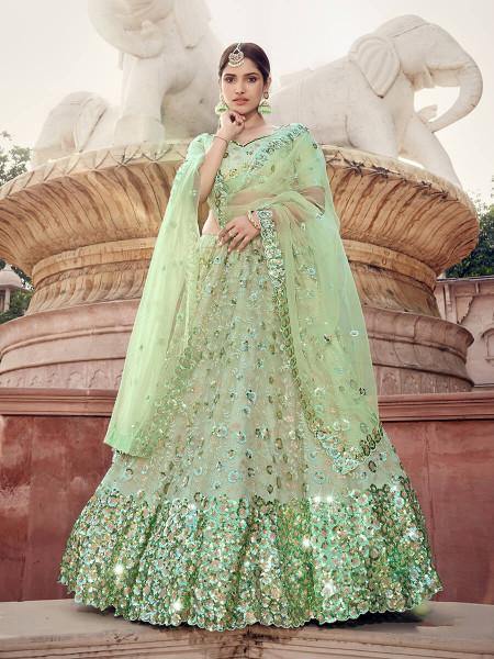 Myra Pista Green Soft Net Heavy Embroidered Lehenga