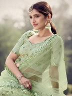 Myra Pista Green Soft Net Heavy Embroidered Lehenga