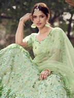Myra Pista Green Soft Net Heavy Embroidered Lehenga