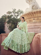 Myra Pista Green Soft Net Heavy Embroidered Lehenga