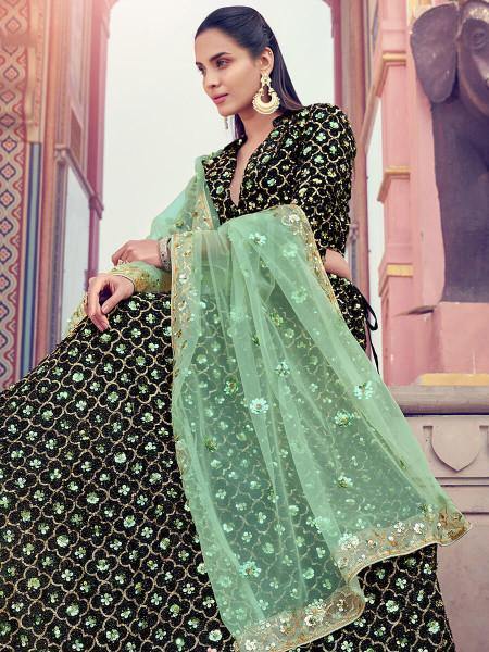 Myra Black Heavy Embroidered Fur Lehenga