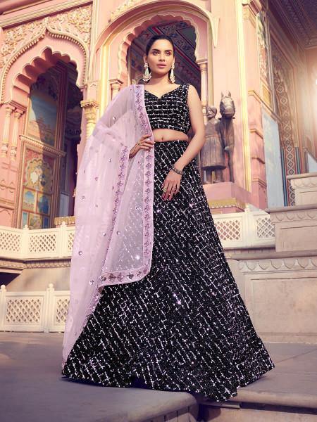 Myra Black Heavy Embroidered Fur Lehenga
