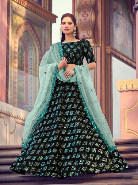 Myra Black Heavy Embroidered Fur Lehenga