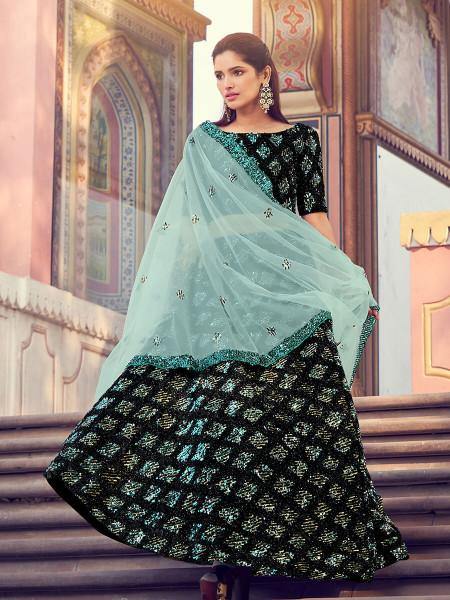 Myra Black Heavy Embroidered Fur Lehenga