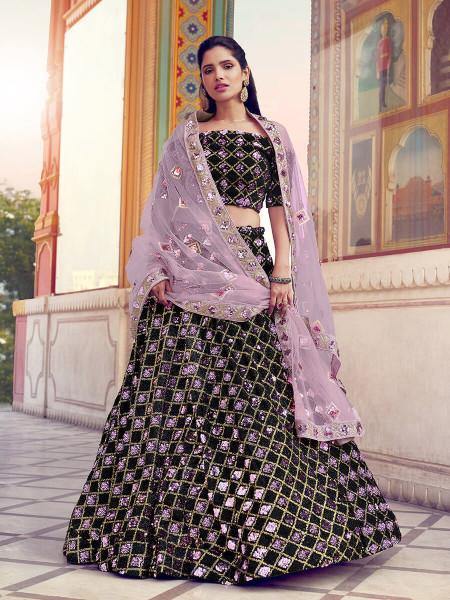 Myra Black Heavy Embroidered Fur Lehenga