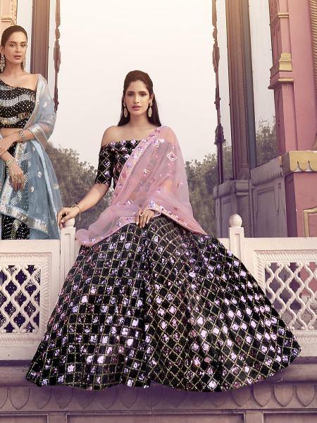 Myra Black Heavy Embroidered Fur Lehenga