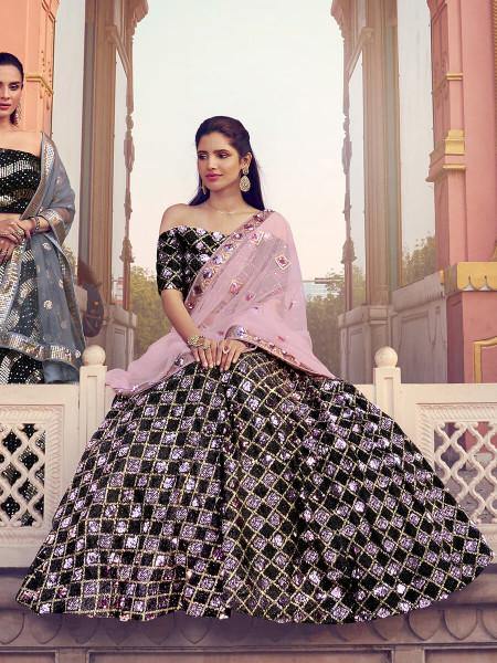 Myra Black Heavy Embroidered Fur Lehenga