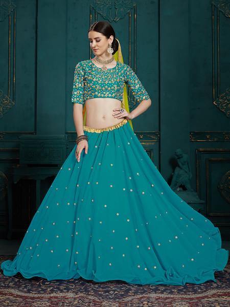Myra Peacock Blue Georgette Embroidered Lehenga