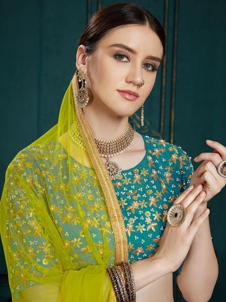 Myra Peacock Blue Georgette Embroidered Lehenga