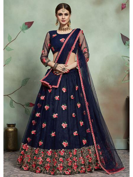 Myra Navy Blue Soft Net Heavy Embroidered Lehenga