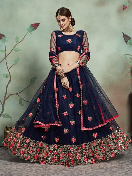Myra Navy Blue Soft Net Heavy Embroidered Lehenga