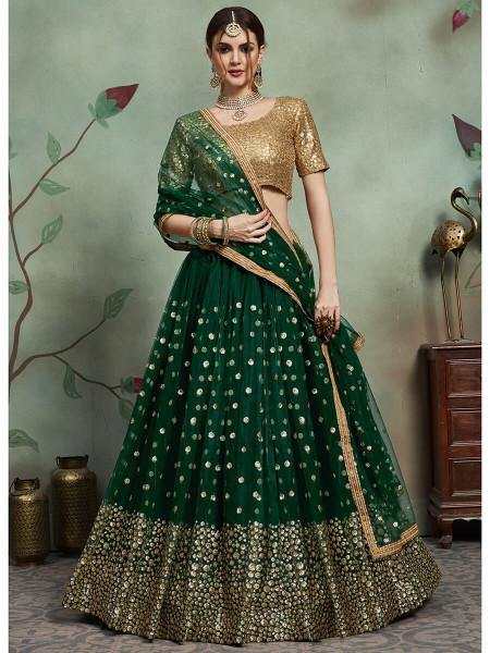 Myra Dark Green Soft Net Heavy Embroidered Lehenga