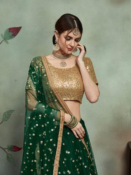 Myra Dark Green Soft Net Heavy Embroidered Lehenga