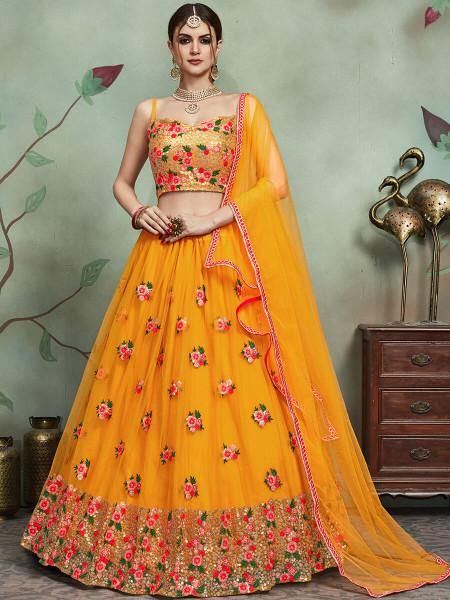 Myra Musturd Soft Net Heavy Embroidered Lehenga
