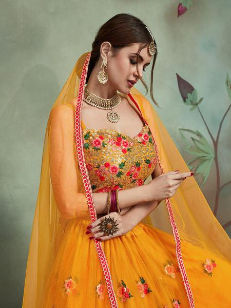 Myra Musturd Soft Net Heavy Embroidered Lehenga