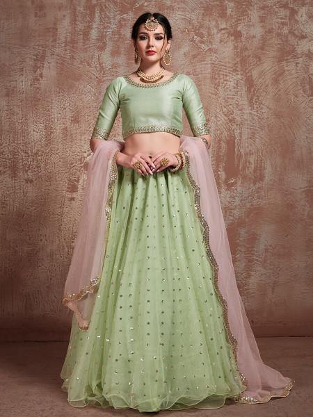 Myra Pista Green Soft Net Heavy Embroidered Lehenga