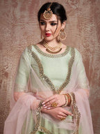 Myra Pista Green Soft Net Heavy Embroidered Lehenga