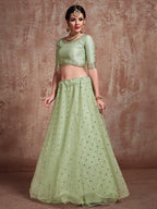 Myra Pista Green Soft Net Heavy Embroidered Lehenga