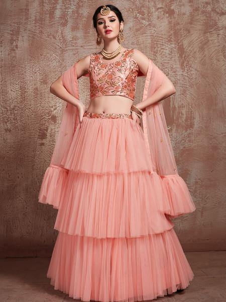 Myra Peach Soft Net Heavy Embroidered Lehenga