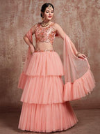 Myra Peach Soft Net Heavy Embroidered Lehenga